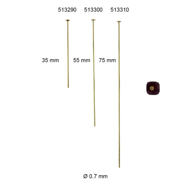 Pin 35 mm with flower head 2 mm wire 0,7 mm in high quality brass